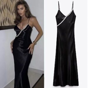 Zara Bloggers Fav Black Satin Effect Rhinestone V-Neck Maxi  Sleeveless Sz EUR L